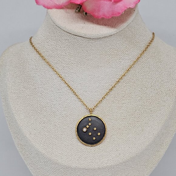 Satya Zodiac Horoscope Gemini Sign Pearl Gem Pendant Necklace 18K Gold Plated - Picture 11 of 12